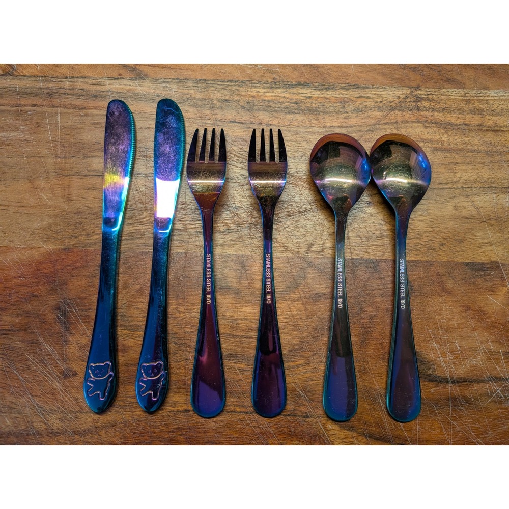 Rainbow Iridescent Teddy Bear Flatware Set 6pc Stainless Steel 18/0 Oil Slick‎